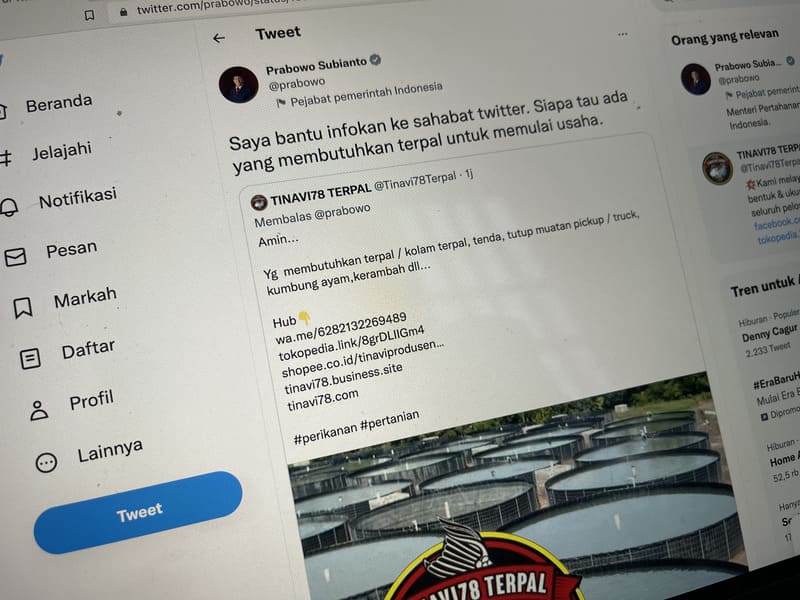 Prabowo Bantu Promosikan Penjual Terpal Lewat Akun Twitternya